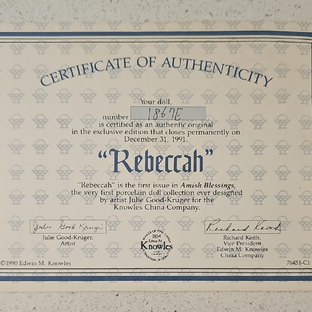 Knowles 'Rebeccah' Doll With Certificate of Authenticity